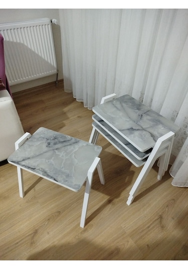 Zigon Sehpa 4'lü Mermer Desenli Tepsi Model Buz Mermer Desen Beyaz Ayak Buz Gri Mermer Desenli