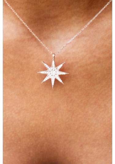 Azuris 925 Ayar Gümüş Sekiz Köşeli Beyaz Yıldız Kolye-Değer 1-Değer 2