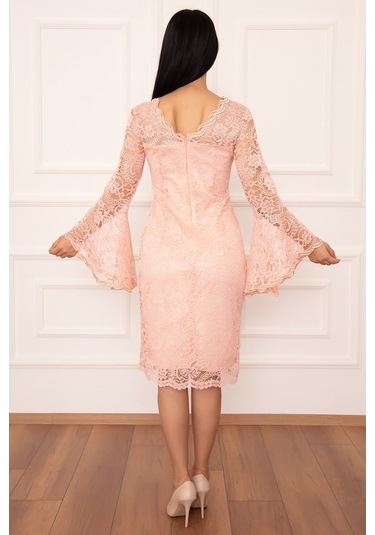 Kalopya Kol Volanlı Kısa Dantel Abiye Elbise 13034 Pudra