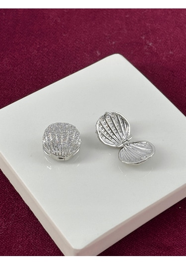 Açılır Kapanır Taşlı Deniz Kabuklu Silver Küpe Silver