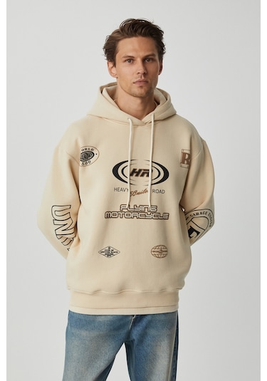 Grimelange Mıles Erkek Kapüşonlu Yumuşacık Oversize Bej Sweatshirt