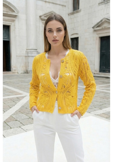 Sayzen Your Shine Dantel Desenli Gold Düğmeli Basic Ceket Shn-2602-tg Sarı