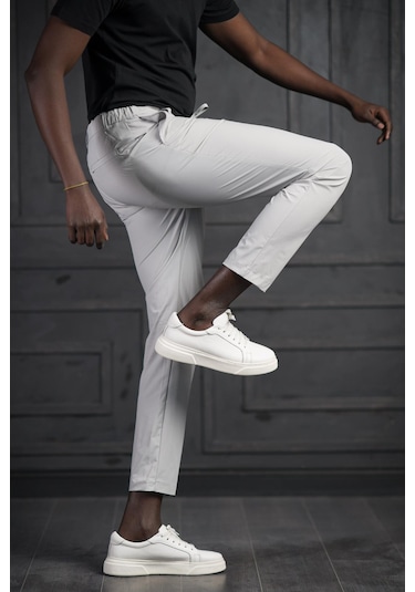 Beli Lastikli Ve İplikli Likralı Yazlık İnce Paraşüt Kumaş Jogger Pantolon gri