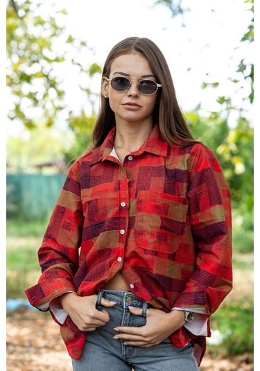 Verdeblanco Çizgili Kareli Dijital Baskı Uzun Kollu Gömlek Kırmızı-yeşil Kırmızı - Yeşil