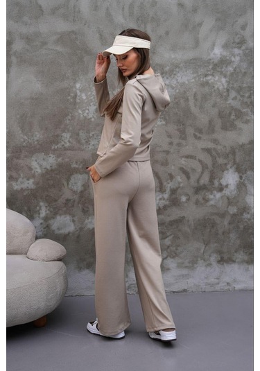 Elaxi Modal Kumaş Slim Fit Kapüşonlu İkili Takım Bej