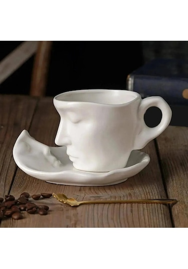 Seramik Yüz Desenli Kupa Bardak Beyaz