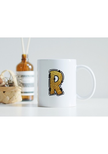 R Harfi Gold Simli Kupa Işıltılı Alfabe Harf Tasarımlı Kahve Kupası - Kişiye Özel Hediye Beyaz