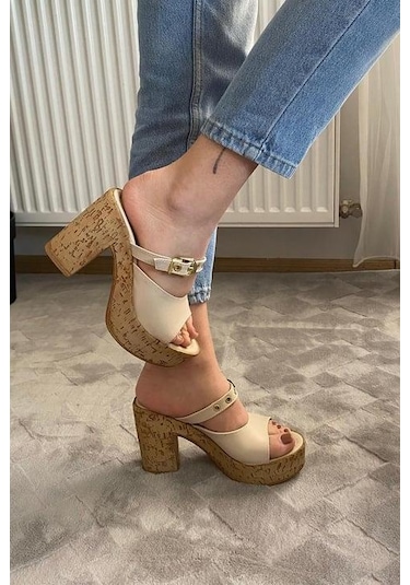 Asmi Shoes Kadın Tena Mantar Taban Platform Topuklu Terlik 10 Cm Snd456 Bej Bej