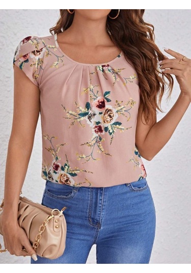 Modasize Kadın Kısa Kollu Bisiklet Yaka Çiçek Baskılı Süprem Bluz Pembe