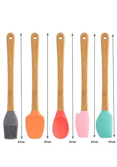 5 Parça Silikon Mini Spatula 21cm Seti Bambu Saplı Isıya Dayanıkl