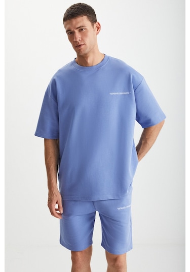 GRIMELANGE Colombıa Erkek 2'li Set Comfort Fit Rahat Kalıp Yazı Nakışlı Şardonsuz Mavi Eşofman Takımı Mavi