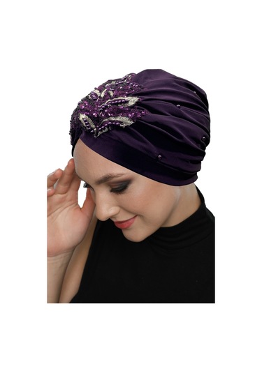 Kopma Astarlı İşlemeli Mor Payetli Yaprak Motifli Hazır Türban Tesettür Abiye Bone Mor