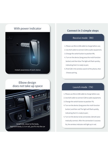 Shineyee C28 Bluetooth 5.0 Verici-alıcı 2'li Set: Araç Ve Ev Ses Sistemleri İçin Kablosuz Müzik,免提 Konuşma, Dahili Batarya, Siyah