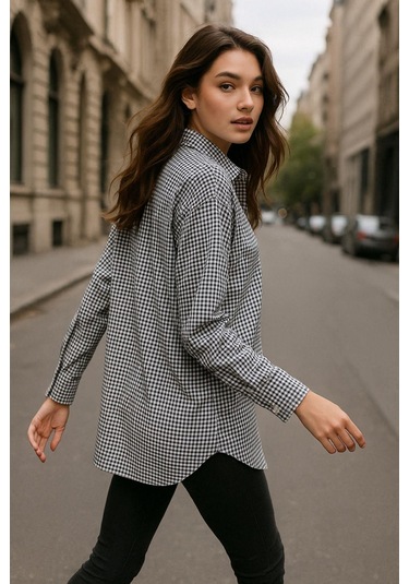 Kadın Siyah Beyaz Kareli Oversize Gömlek Relaxed Over Fit Ekoseli Gömlek Çok Renkli