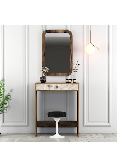 Lizbon Mini Makyaj Masası Aynalı - Ceviz / Beyaz Mermer
