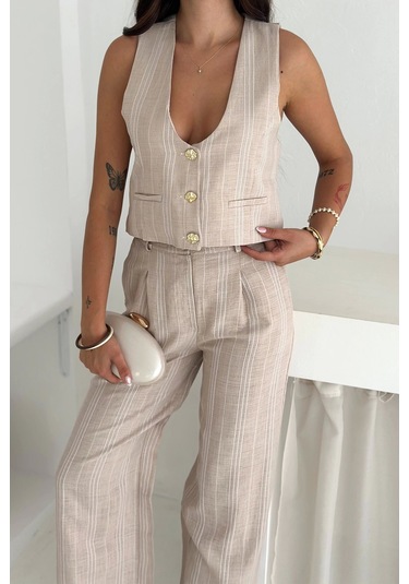 Çizgili Kumaş Yelek Takım Krem Krem