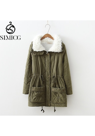 Kadın İş Kıyafeti Kuzu Derisi Kalın Sıcak Ceket Ordu Yeşili