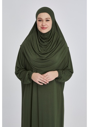 Pratik Başörtülü Rahat Giyilebilen Organik Tek Parça Namaz Elbisesi Haki
