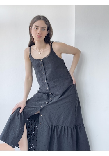 Retrobird Adel Askılı Brode Elbise Kadın Siyah-13847 Siyah