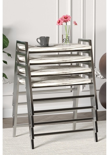 Zigon Sehpa , Aden 4'lü Tepsi Zigon Sehpa Takımı Gümüş Metal - Beyaz Mermer Tabla Gümüş-beyaz Mermer