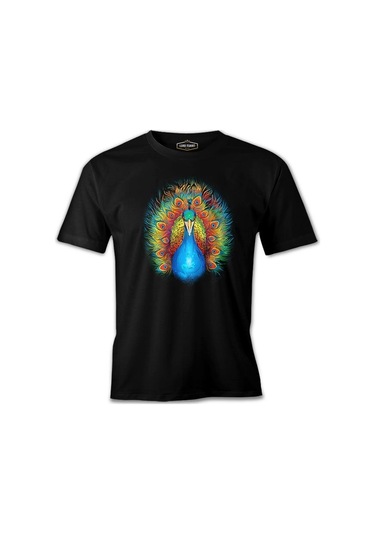 Peacock With A Rainbow Colored Tail Siyah Erkek Tshirt 001
