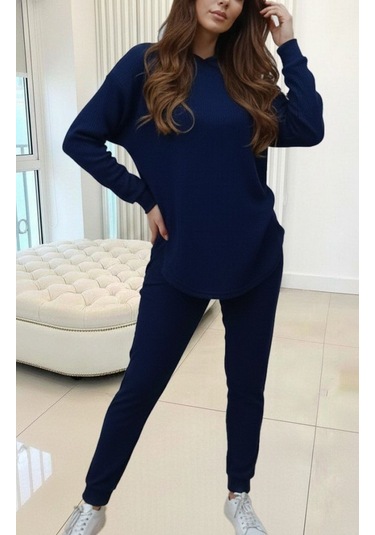 S-pazarım Kadın Uzun Kollu Kapşonlu Meloni Bluz Ve Pantolon Ikili Takım Lacivert