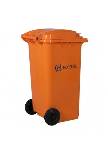 120 Litre Turuncu Plastik Çöp Konteyneri Tekerlekli Kapaklı Atık Konteyneri Hey Çelik Pk-120