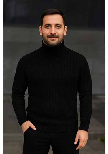 Erkek Fitilli Triko Kazak 2'li Set Bebek Mavisi Siyah Regular Balıkcı Yaka Tam Boğazlı Triko Seti Mo Bebek Mavisi - Siyah