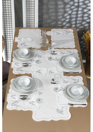 Viktori Keten Nakışlı Amerikan Servis Takımı 19 Parça Silver Gümüş