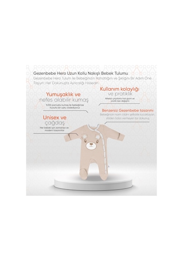 Gezenbebe Hero Uzun Kollu Nakışlı Bebek Tulumu Teddy Organik