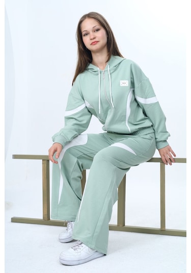 Kız Çocuk %100 Pamuk Garnili Kapüşonlu Fermuarlı Oversize Alt&üst Trend Eşofman Takımı-315-eşt-0003 Su Yeşili