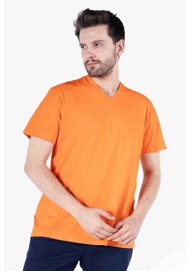 T-shirt V Yaka %100 Pamuk Turuncu