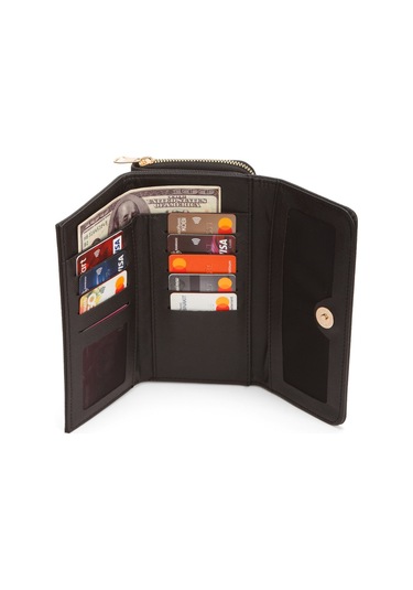 Yaşam Çiçeği Baskılı Şans Cüzdanı Kağıt Bozuk Para Ve Kartlık Bölmeli Siyah Kadın Cüzdan Siyah