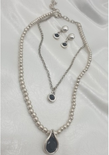 Damla Taşlı Model Antik Gümüş Kaplama Çoklu Kolye Küpe Seti