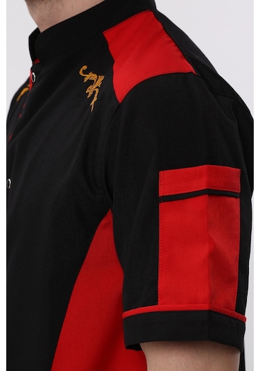 Uniprom Kısa Kollu Aşçı Ceketi Önlük Omuz Nakışlı Cepli Şef, Garson Siyah Kırmızı