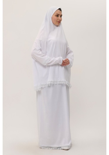 2 Parça Namaz Elbisesi Pamuk Kumaş Dantelli 2205 42 Beyaz