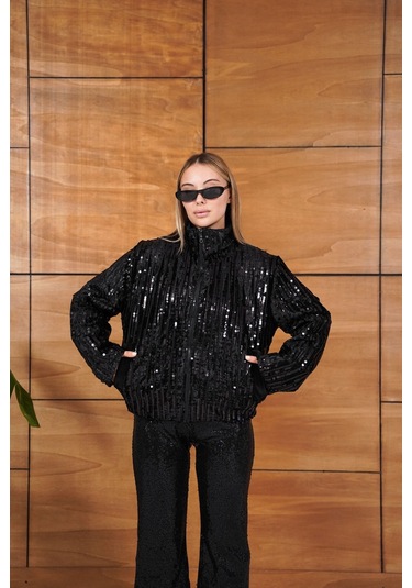 Cemo Full Pul Payetli Siyah Fermuarlı Bomber Ceket Siyah