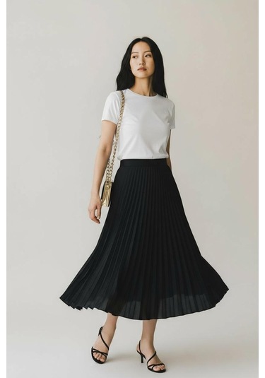 Pileli Pamuklu Dokuma Viskon Kışlık Etek 95 Cm - 38-48 Siyah