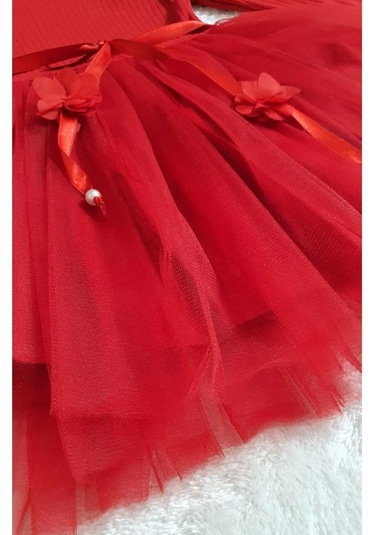 Kız Çocuk Özel Gün Doğum Günü Günlük Abiye Hediye Uzun Kollu Kırmızı Tül Detaylı Prenses Elbise Kırmızı