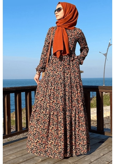 Güzide Yaprak Desenli Elbise Turuncu Normal