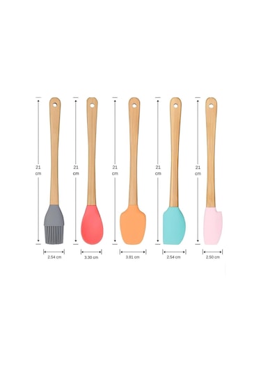 Mucit Home 5'li Renkli Bambu Saplı Silikon Uçlu Spatula Fırçalı Kaşık Seti Çok Renkli