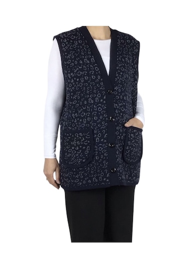 Kadın Önü Düğmeli Cepli Kalın Kışlık Kısa Yelek Lacivert