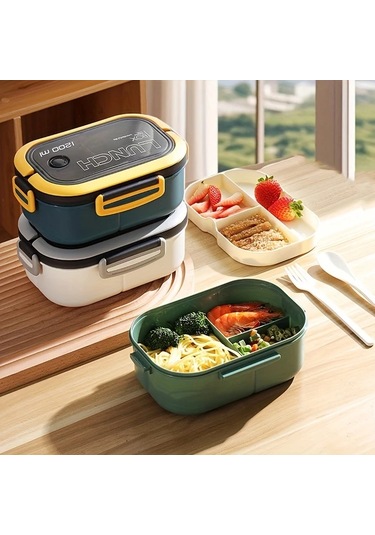 Topnotch Beyaz 2 Katlı Mikrodalgada Kullanılabilir 40.58oz Yemek Kutusu Çatal Kaşık Setli Beyaz