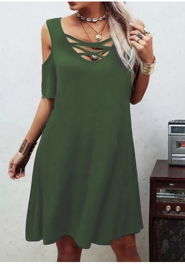 Dekolteli Bağcık Detay Viskon Kumaş Elbise Haki