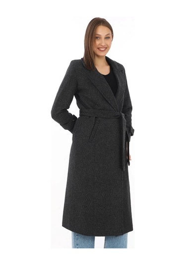 Kadın Balık Sırtı Kaşe Kaban Uzun Boy Kruvaze Yaka Kuşaklı Astarlı Kışlık Tesettür Kaban, Yünlü Do Siyah