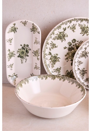 Antik Yeşil 27 Parça 6 Kişilik Seramik Yemek Takımı Vintage Çiçek Desenli Yuvarlak Servis Seti Yesıl Yeşil