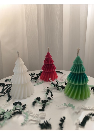 Çam Ağacı Desenli Yılbaşı Konseptli Dekoratif Mum, Tek Renk Kırmızı