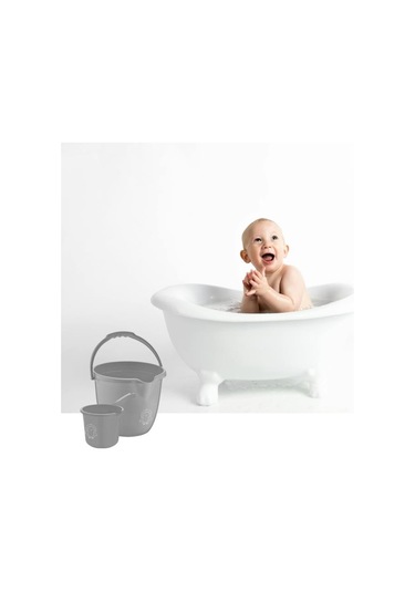 2 Li Bebek Banyo Su Kovası Ve Maşrapası Seti, Saplı Oluklu Kova 13lt Ve Maşrapa 1,5lt Set Gri Gri