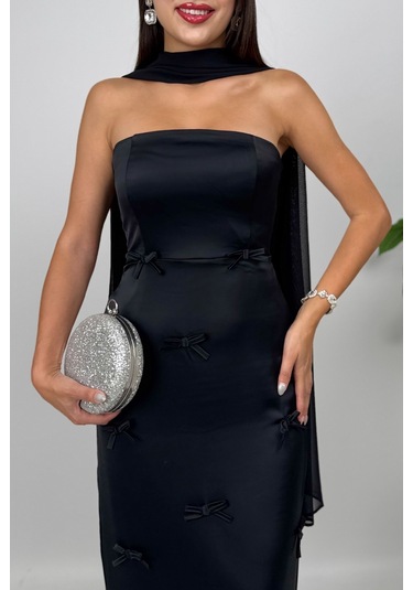 Lilina Straplez Fiyonk Detaylı Şal Aksesuarlı Uzun Siyah Abiye Elbise Siyah