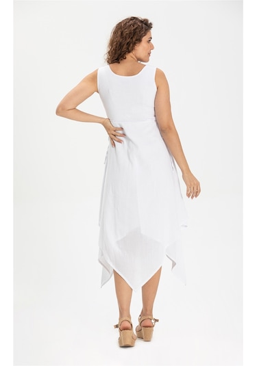 Kolsuz Şile Bezi Üçgen Katlı Midi Boy Elbise Beyaz Byz Beyaz